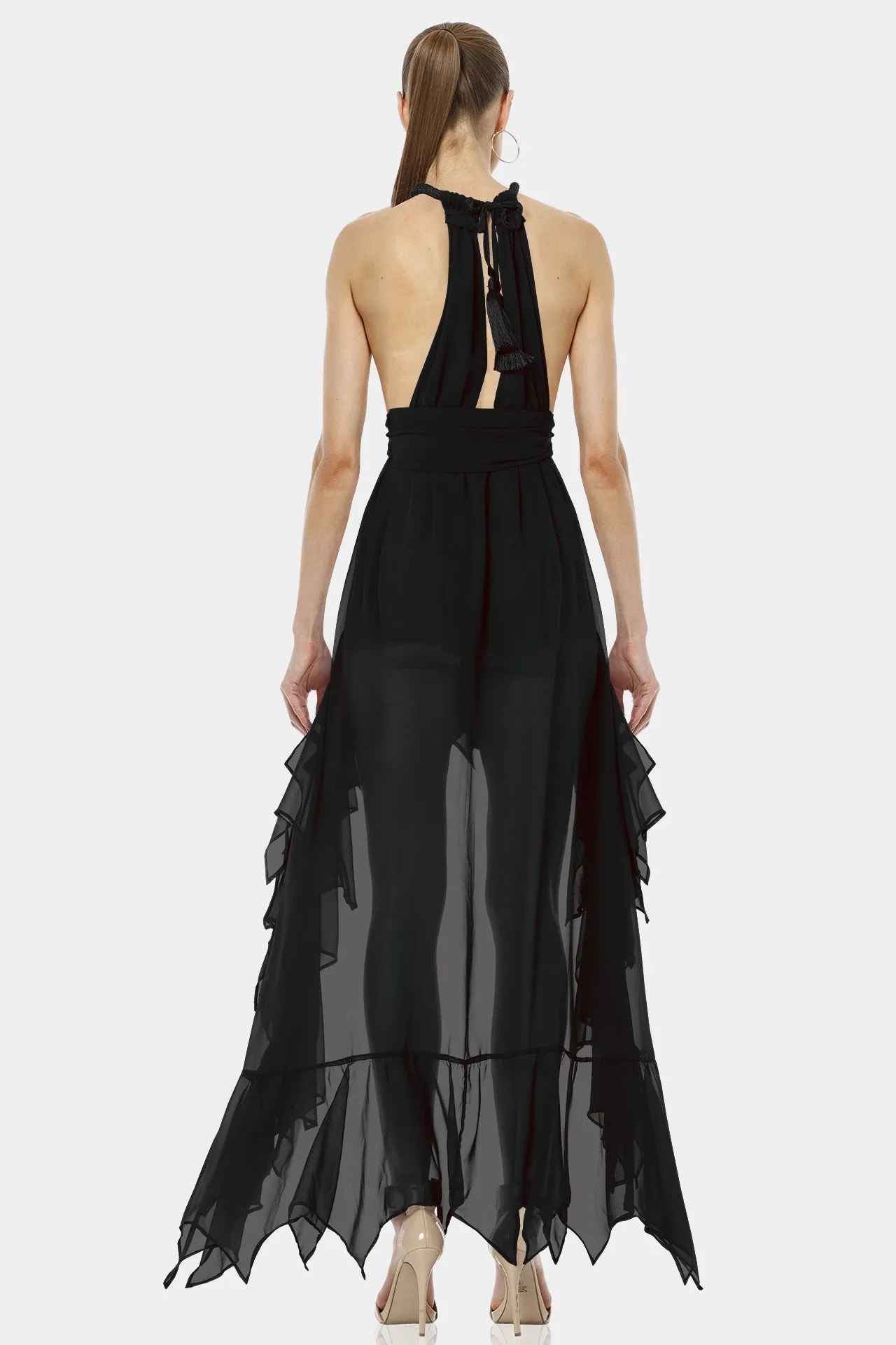 Psarou Black High Low Ruffle Maxi Dress