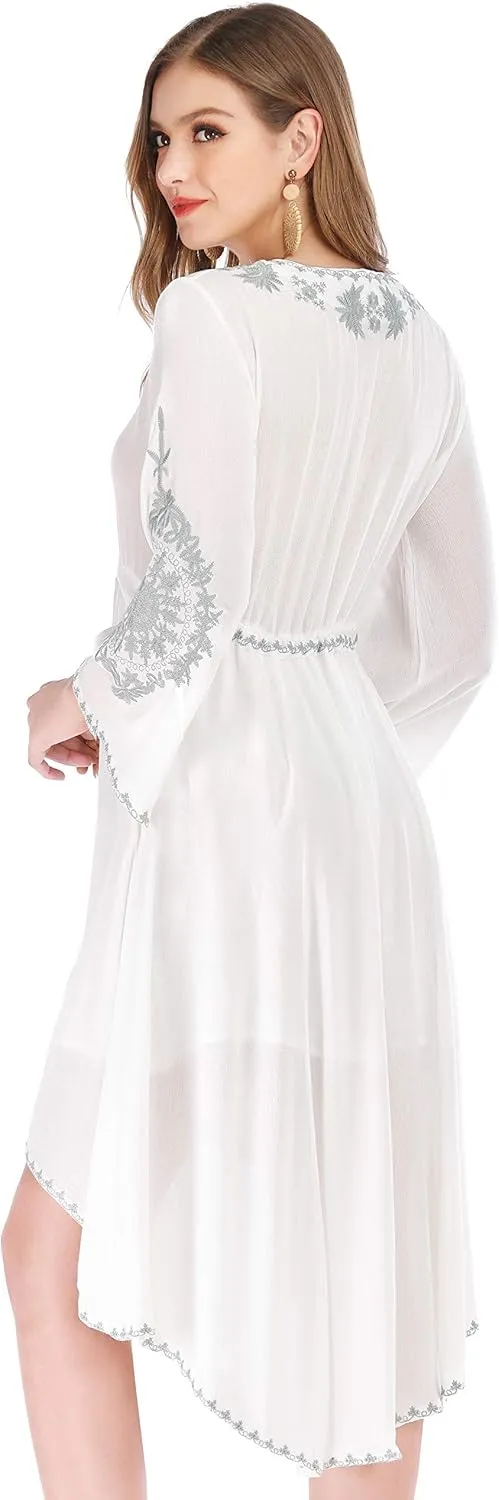 R.Vivimos Womens V Neck Bell Sleeve Vintage Floral Embroidered High Low Long Dresses