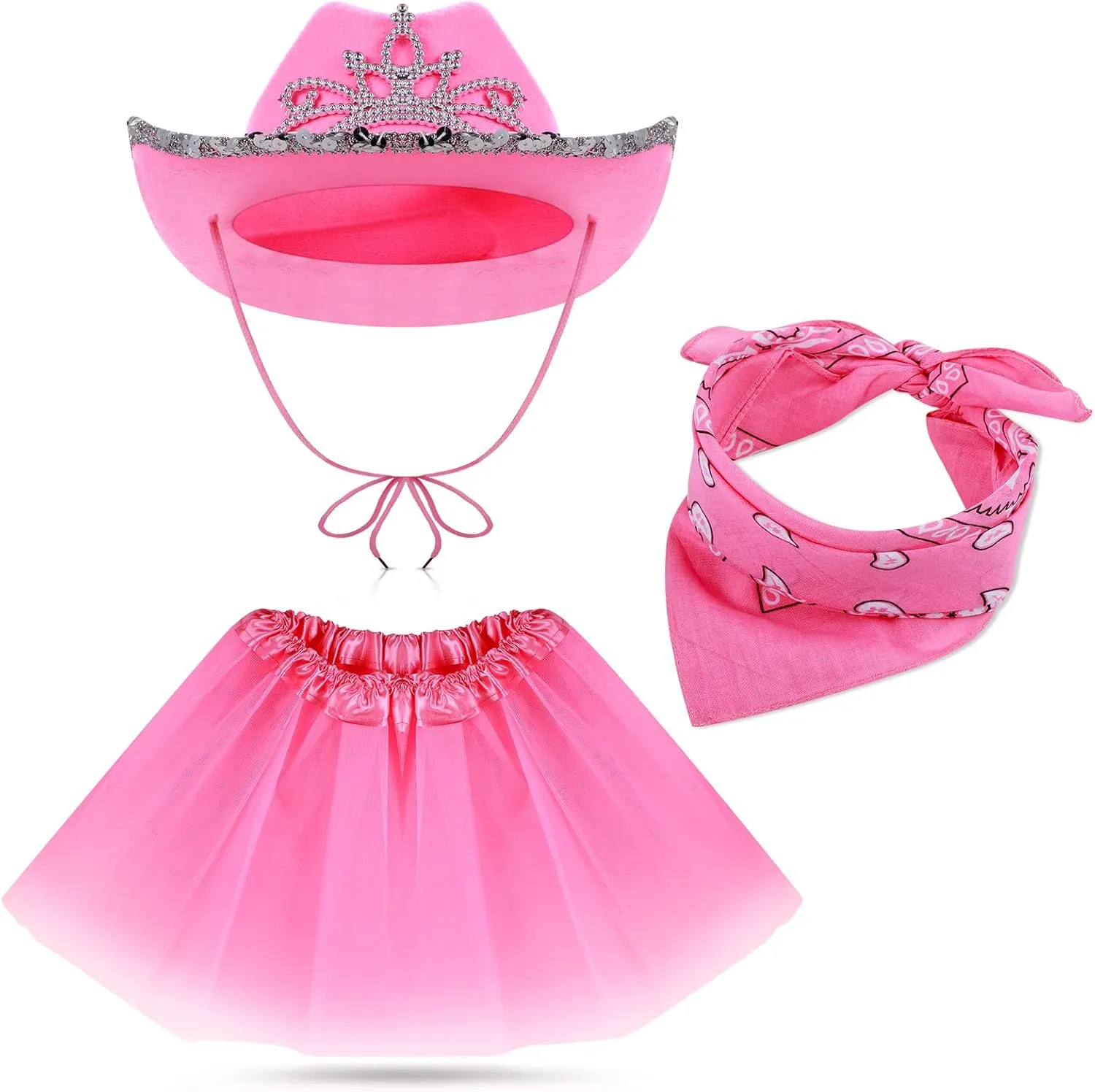 SATINIOR 3 Pcs Pink Cowgirl Hat with Bandana and Skirt Set for Girls Crown Tiara Toddler Cowboy Hat Theme Party Kids Costume(Crown, Child)