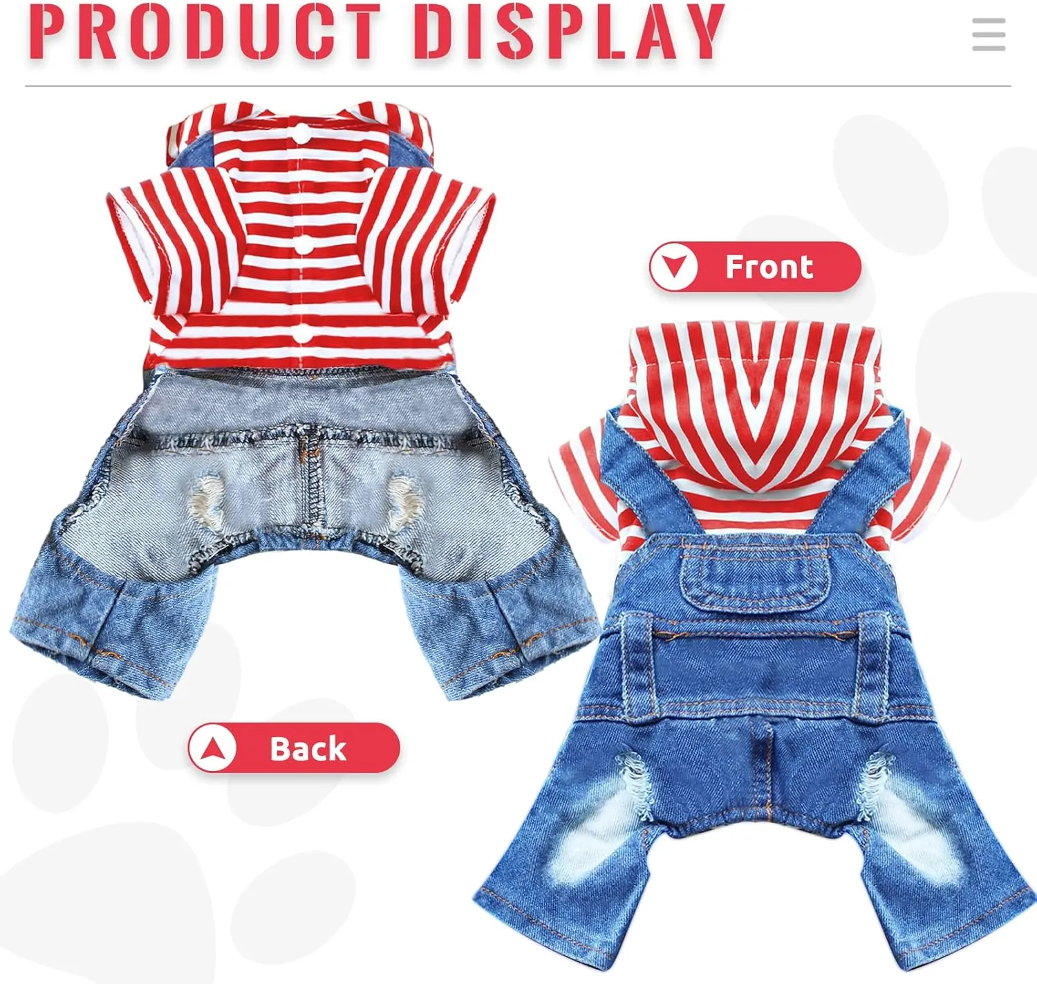 Small Dog Hoodie Clothes Cute Stripe Shirts Denim Jumpsuit One-Piece Outfit for Small Medium Dogs Cats Boy Girl Chihuahua Blue Jeans Overalls Puppy Costume (Red,XL)