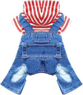 Small Dog Hoodie Clothes Cute Stripe Shirts Denim Jumpsuit One-Piece Outfit for Small Medium Dogs Cats Boy Girl Chihuahua Blue Jeans Overalls Puppy Costume (Red,XL)
