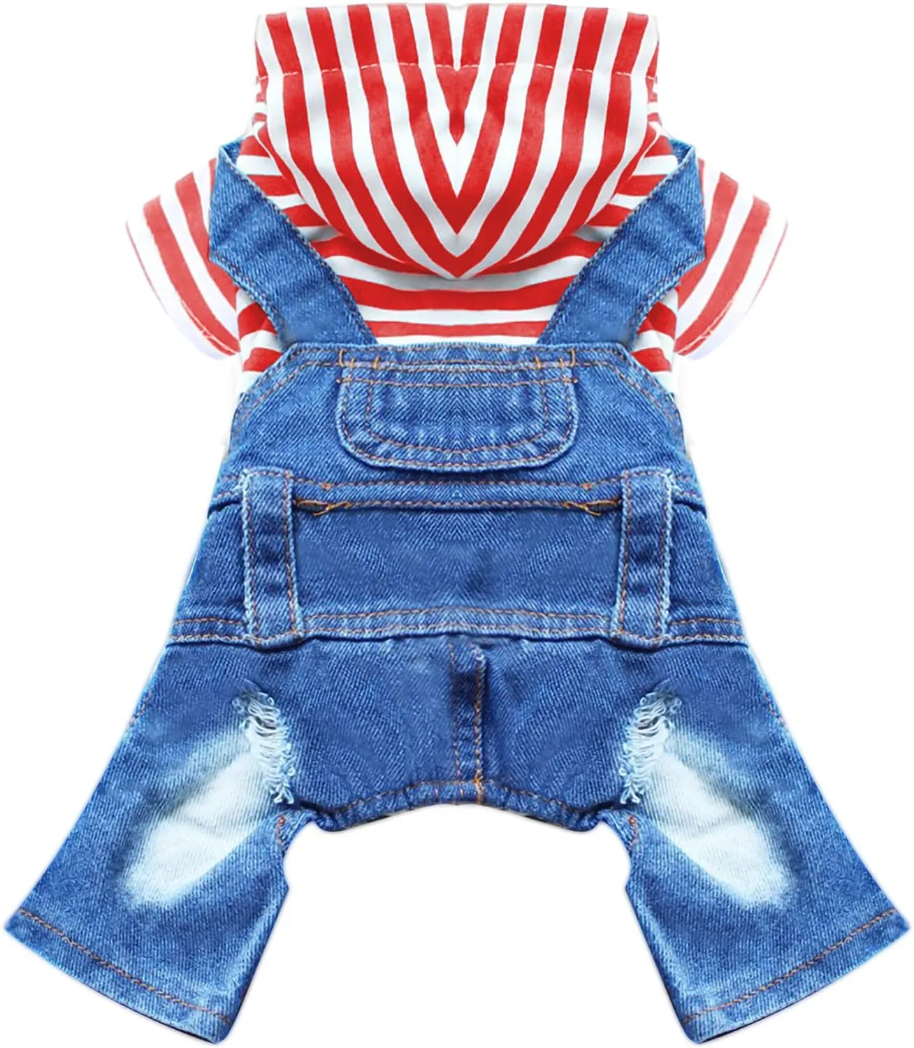 Small Dog Hoodie Clothes Cute Stripe Shirts Denim Jumpsuit One-Piece Outfit for Small Medium Dogs Cats Boy Girl Chihuahua Blue Jeans Overalls Puppy Costume (Red,XL)