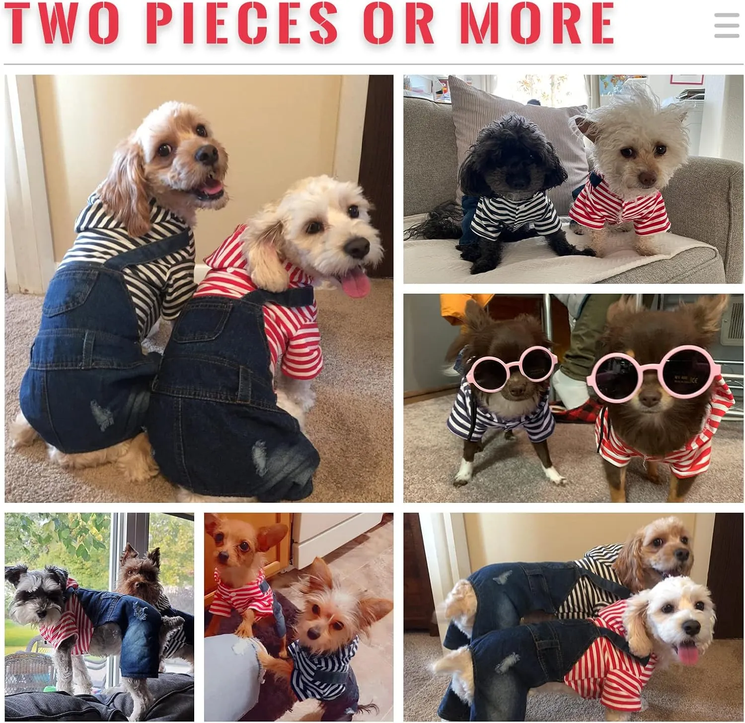 Small Dog Hoodie Clothes Cute Stripe Shirts Denim Jumpsuit One-Piece Outfit for Small Medium Dogs Cats Boy Girl Chihuahua Blue Jeans Overalls Puppy Costume (Red,XL)