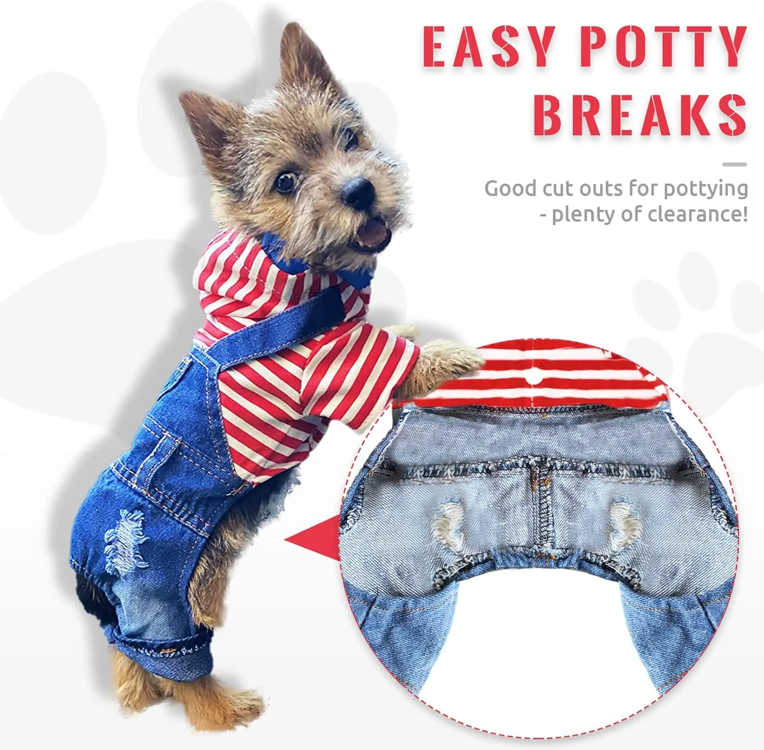 Small Dog Hoodie Clothes Cute Stripe Shirts Denim Jumpsuit One-Piece Outfit for Small Medium Dogs Cats Boy Girl Chihuahua Blue Jeans Overalls Puppy Costume (Red,XL)