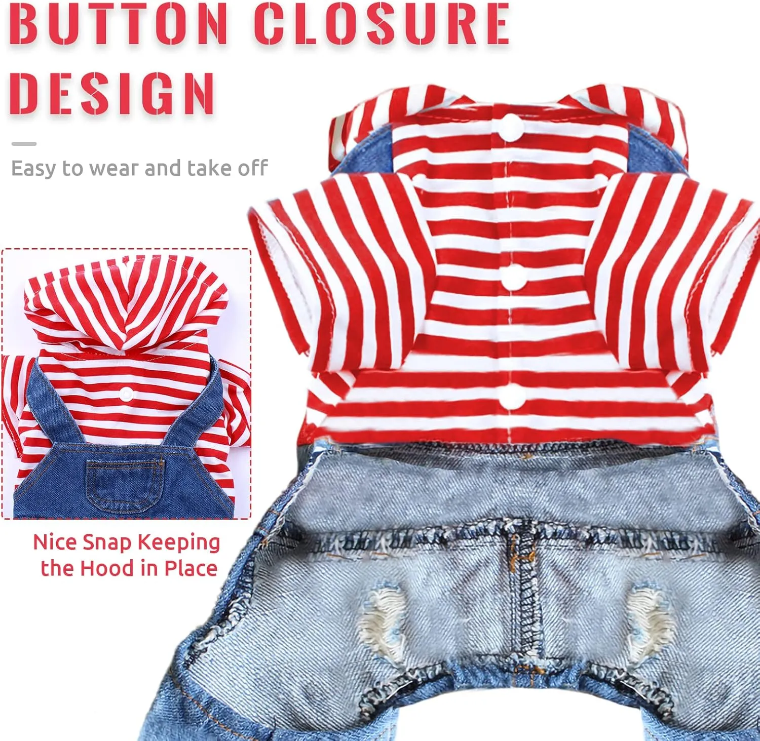 Small Dog Hoodie Clothes Cute Stripe Shirts Denim Jumpsuit One-Piece Outfit for Small Medium Dogs Cats Boy Girl Chihuahua Blue Jeans Overalls Puppy Costume (Red,XL)