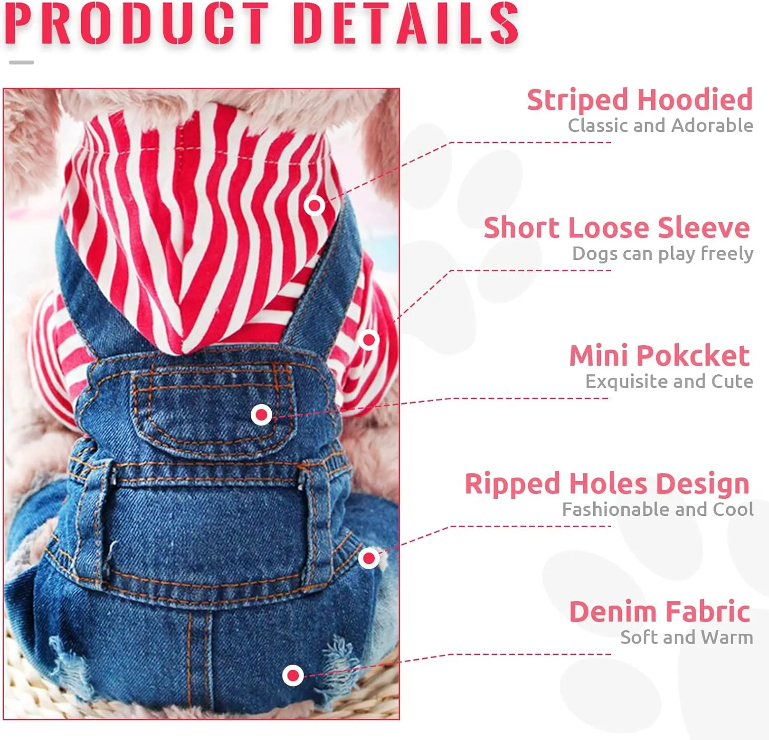 Small Dog Hoodie Clothes Cute Stripe Shirts Denim Jumpsuit One-Piece Outfit for Small Medium Dogs Cats Boy Girl Chihuahua Blue Jeans Overalls Puppy Costume (Red,XL)