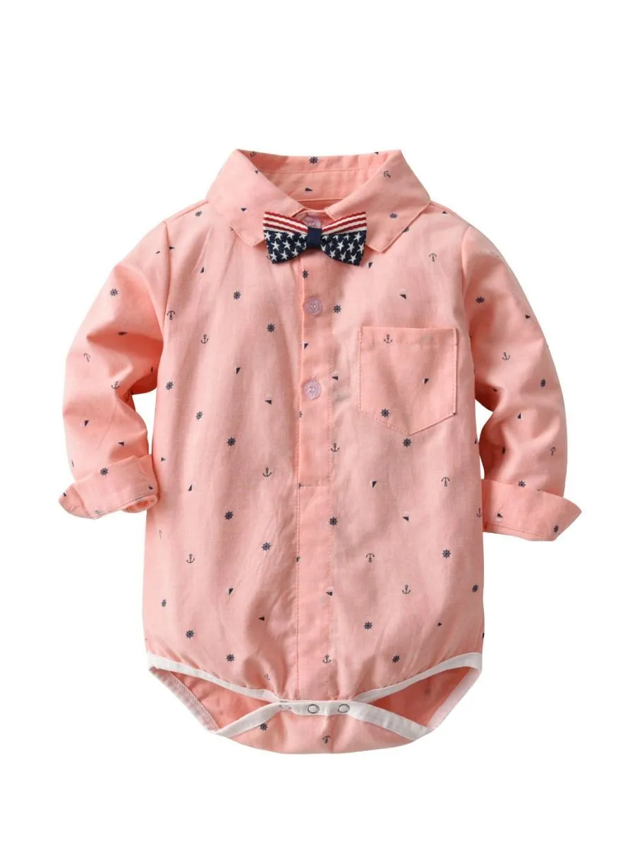 Spring Summer Full Print Baby Boy Romper Onesie with Bowtie