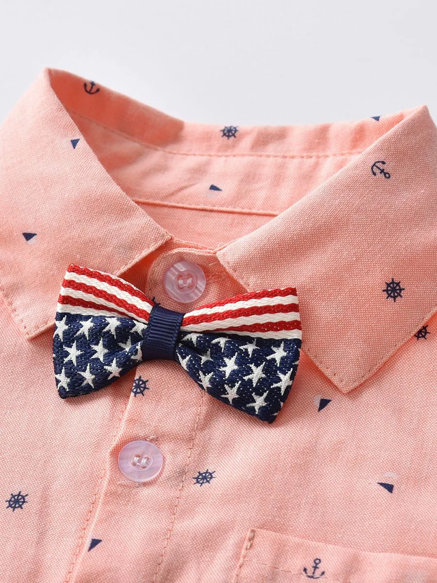 Spring Summer Full Print Baby Boy Romper Onesie with Bowtie