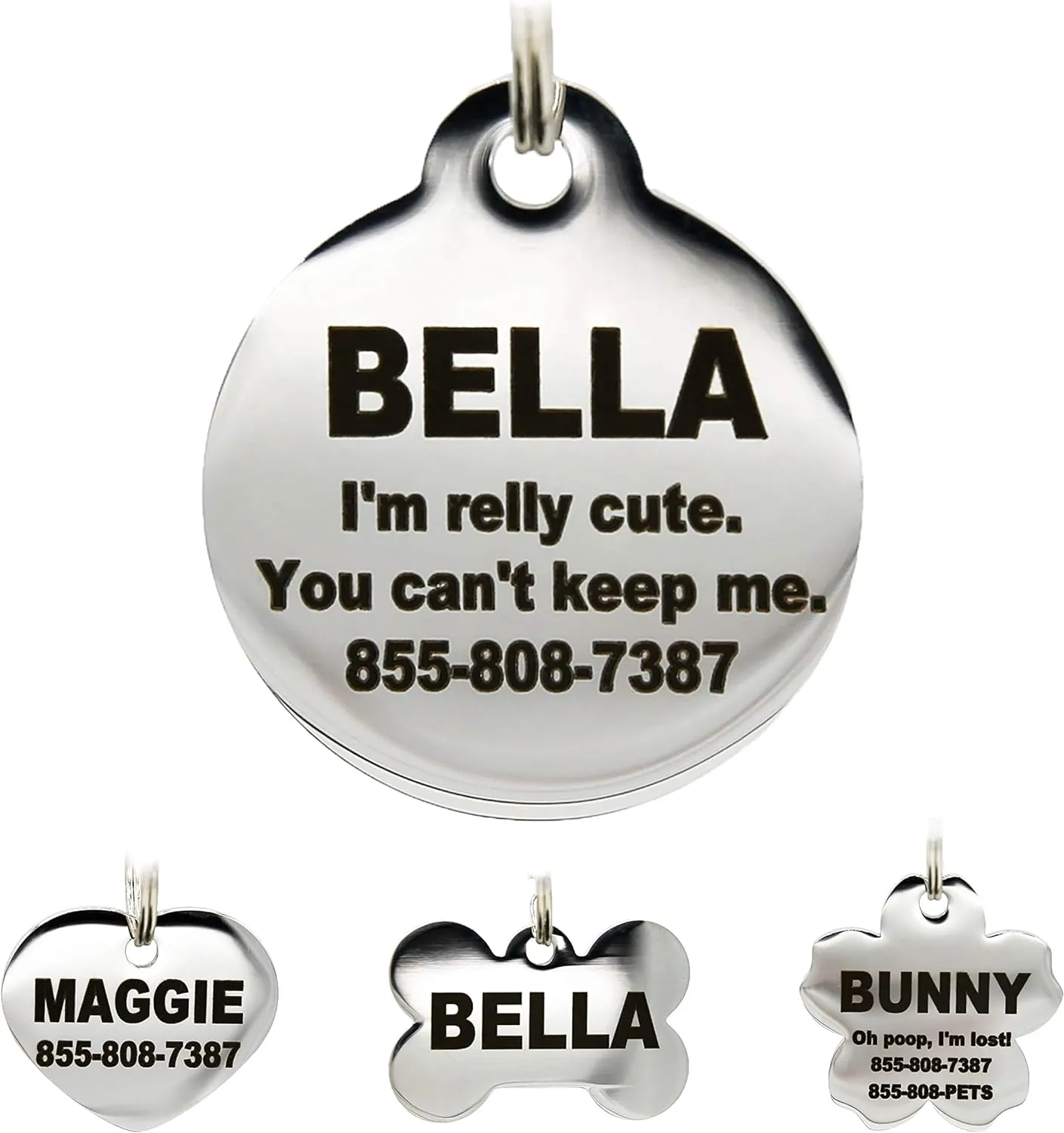Stainless Steel Pet ID Tags - Engraved Personalized Dog Tags, Cat Tags Front & Back up to 8 Lines of Text  Bone, Round, Heart, Flower, Badge, House, Star, Rectangle, Bow Tie