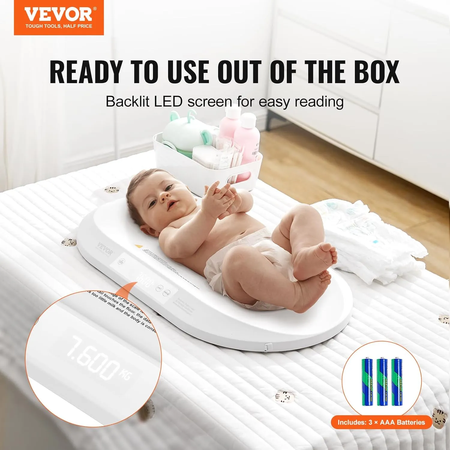 VEVOR Baby Scale, Digital Infant Scale with Measuring Tape, Multi-Function Toddler Scale for Weight and Height Track - with Hold & Tare Function, 5 Units for Babies, Toddlers, Pets, 88LBS Capacity