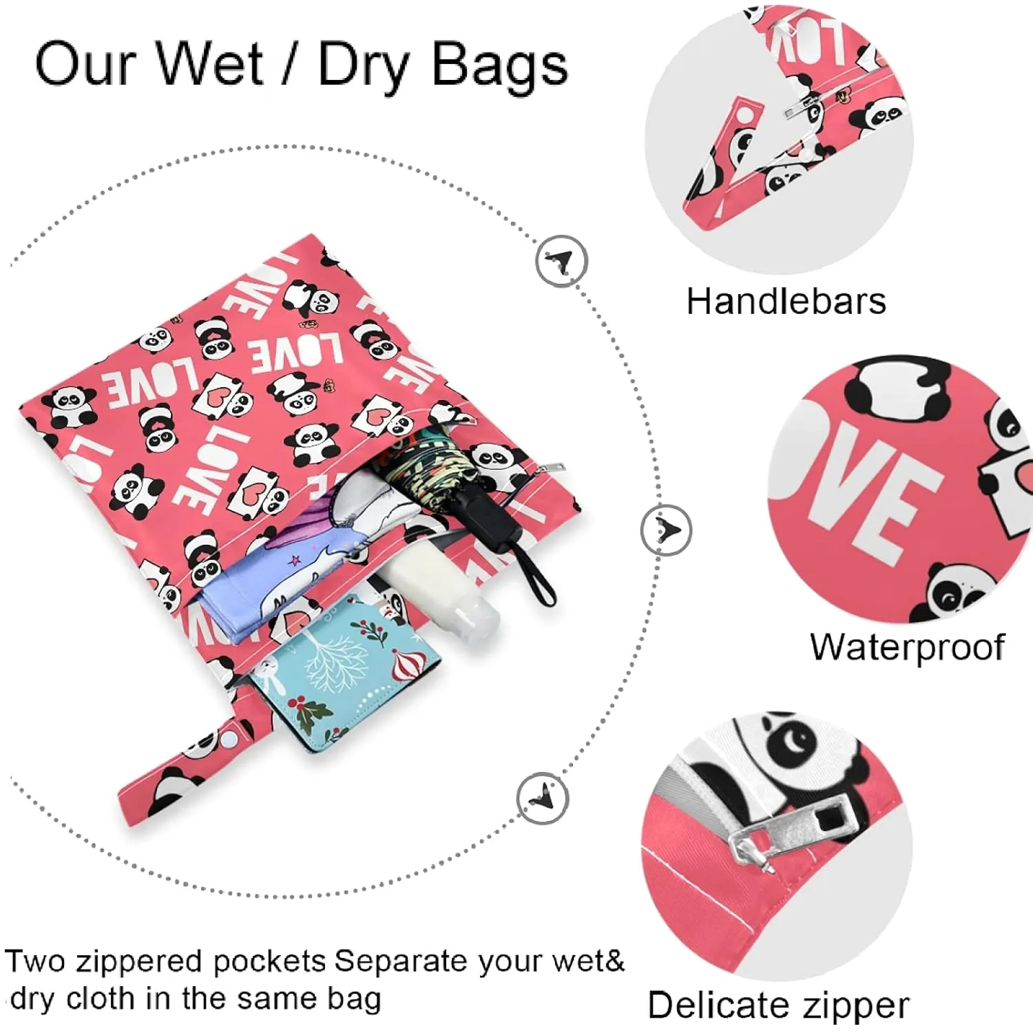 visesunny Panda with Love Heart Cartoon Animal 2Pcs Wet Bag with Zippered Pockets Washable Reusable Roomy for Travel,Beach,Pool,Daycare,Stroller,Diapers,Dirty Gym Clothes, Wet Swimsuits, Toiletries