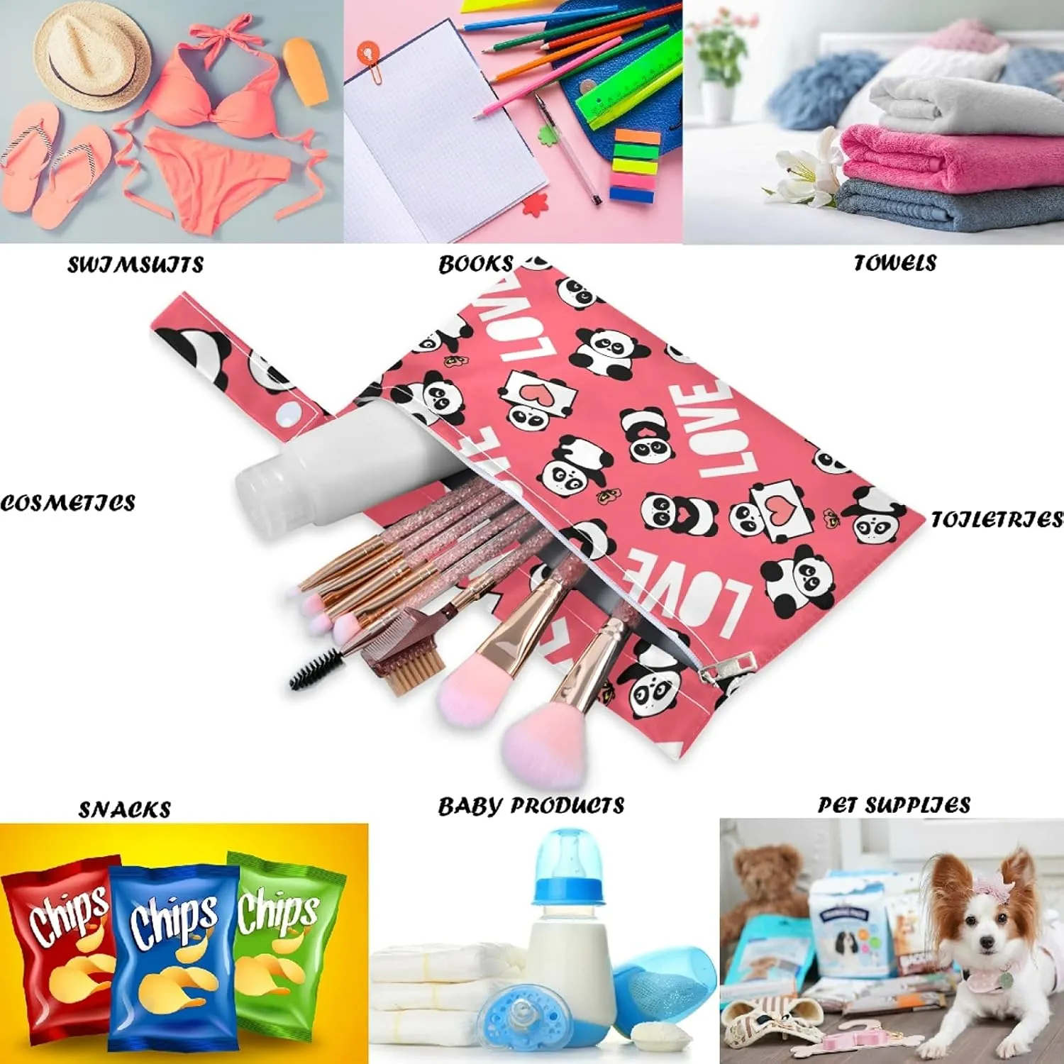 visesunny Panda with Love Heart Cartoon Animal 2Pcs Wet Bag with Zippered Pockets Washable Reusable Roomy for Travel,Beach,Pool,Daycare,Stroller,Diapers,Dirty Gym Clothes, Wet Swimsuits, Toiletries