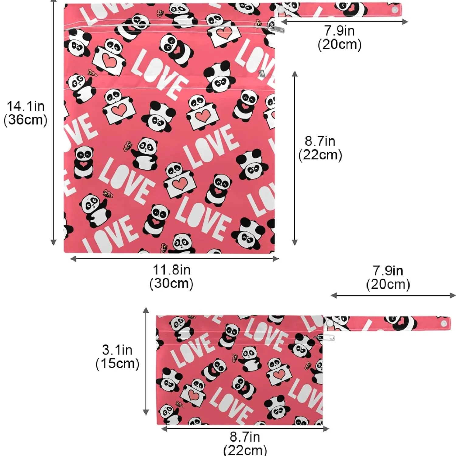 visesunny Panda with Love Heart Cartoon Animal 2Pcs Wet Bag with Zippered Pockets Washable Reusable Roomy for Travel,Beach,Pool,Daycare,Stroller,Diapers,Dirty Gym Clothes, Wet Swimsuits, Toiletries