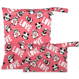 visesunny Panda with Love Heart Cartoon Animal 2Pcs Wet Bag with Zippered Pockets Washable Reusable Roomy for Travel,Beach,Pool,Daycare,Stroller,Diapers,Dirty Gym Clothes, Wet Swimsuits, Toiletries