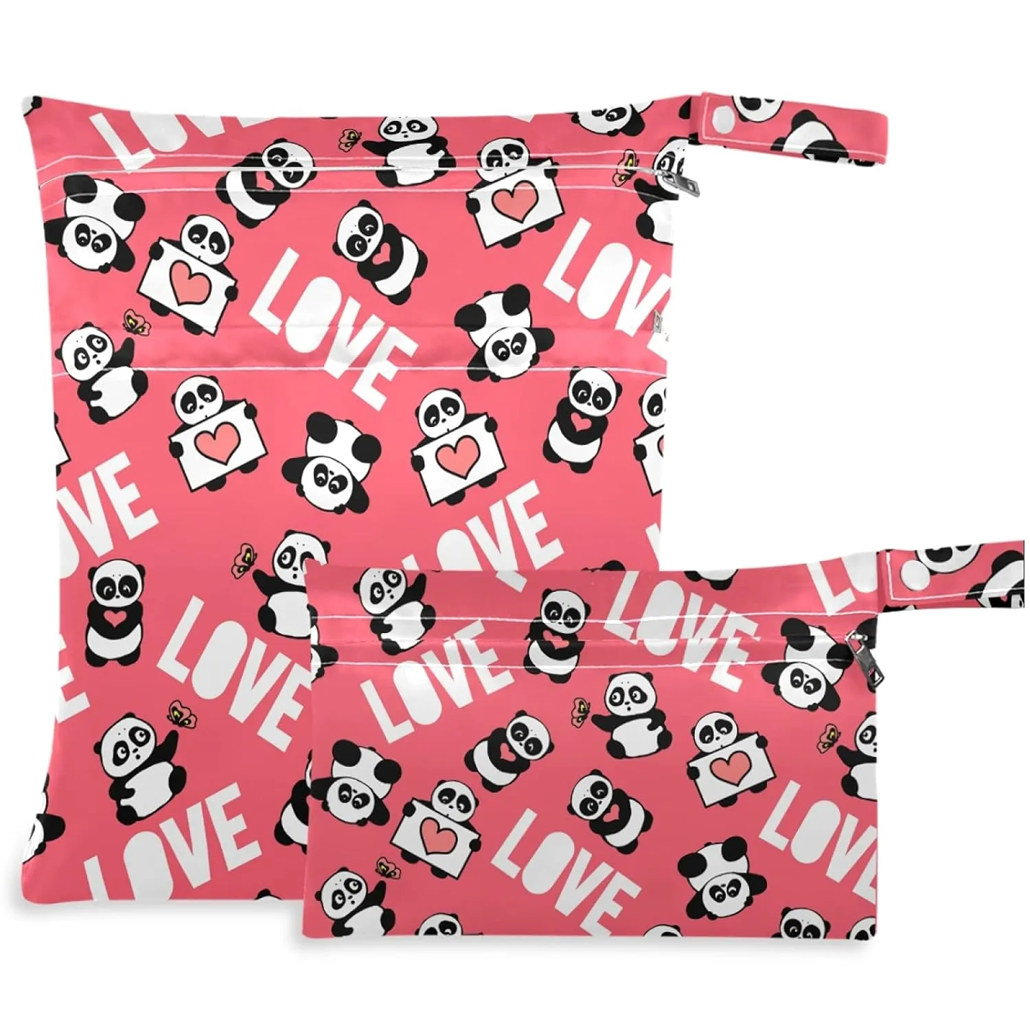 visesunny Panda with Love Heart Cartoon Animal 2Pcs Wet Bag with Zippered Pockets Washable Reusable Roomy for Travel,Beach,Pool,Daycare,Stroller,Diapers,Dirty Gym Clothes, Wet Swimsuits, Toiletries