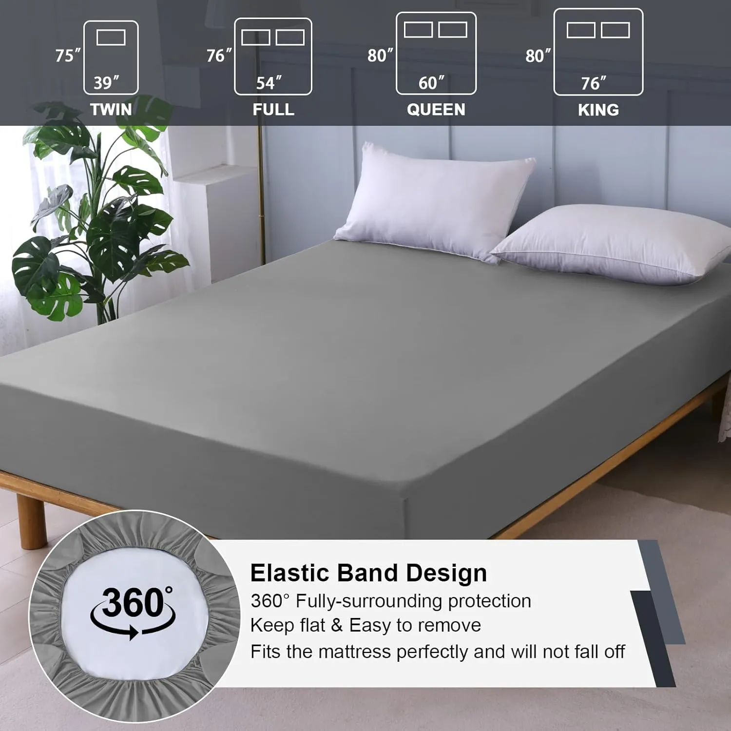 Waterproof Mattress Protector Queen, Fitted Sheet Style Breathable Mattress Cover with Deep Pocket Fits Up to 18'', Noiseless Bed Cover for Kids Adults Pets, Machine Washable (Light Gray, 60'' X 80'')
