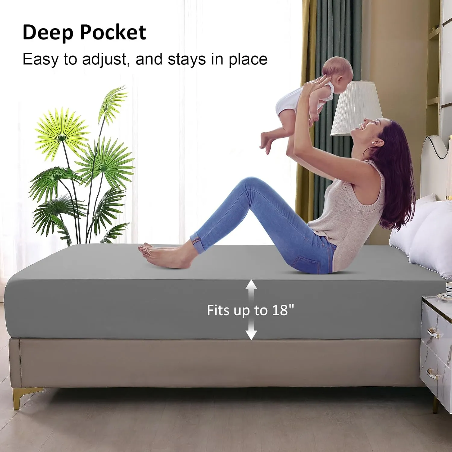 Waterproof Mattress Protector Queen, Fitted Sheet Style Breathable Mattress Cover with Deep Pocket Fits Up to 18'', Noiseless Bed Cover for Kids Adults Pets, Machine Washable (Light Gray, 60'' X 80'')