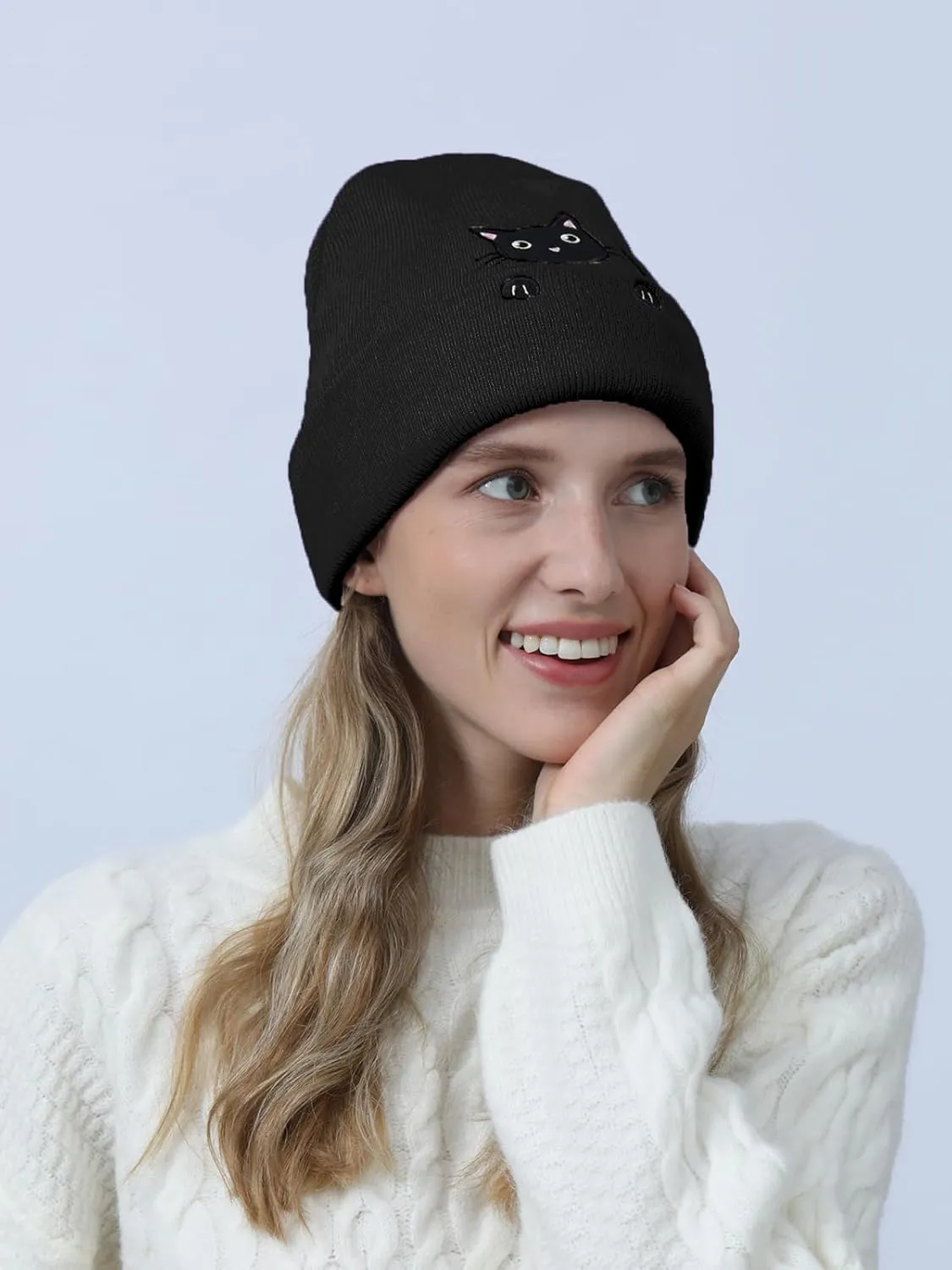 Womens Cat Beanie Cute Cat Lover Gifts Animal Knitted Hats Christmas Stocking Stuffers for Women Girls
