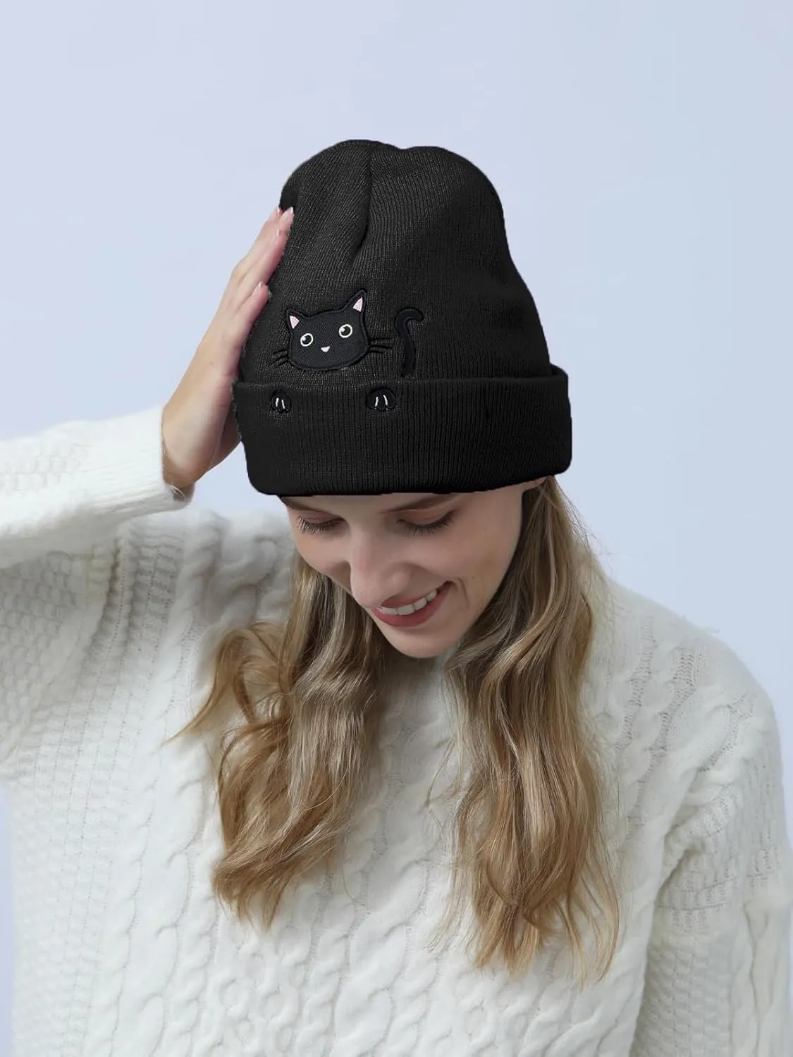 Womens Cat Beanie Cute Cat Lover Gifts Animal Knitted Hats Christmas Stocking Stuffers for Women Girls
