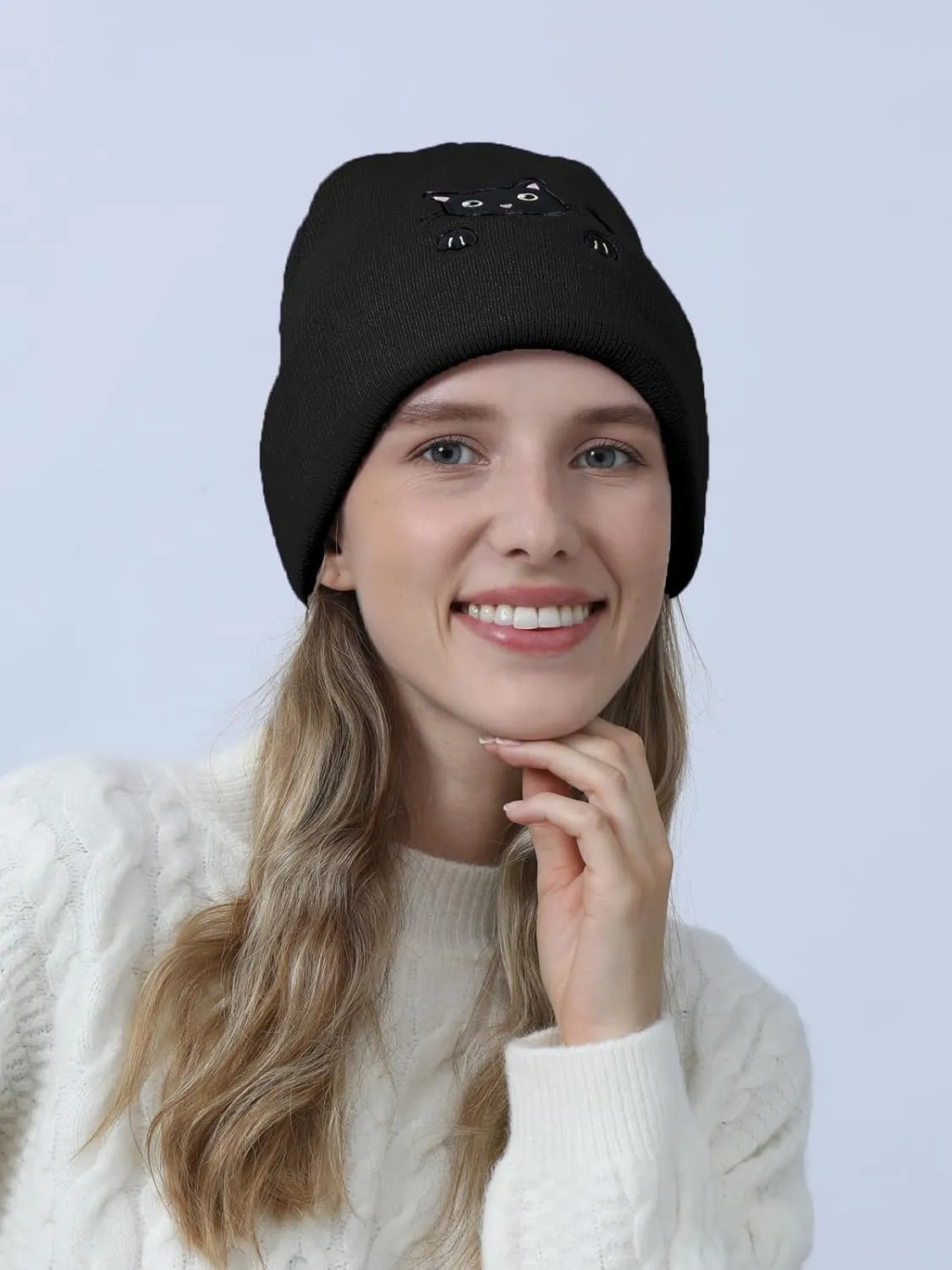 Womens Cat Beanie Cute Cat Lover Gifts Animal Knitted Hats Christmas Stocking Stuffers for Women Girls