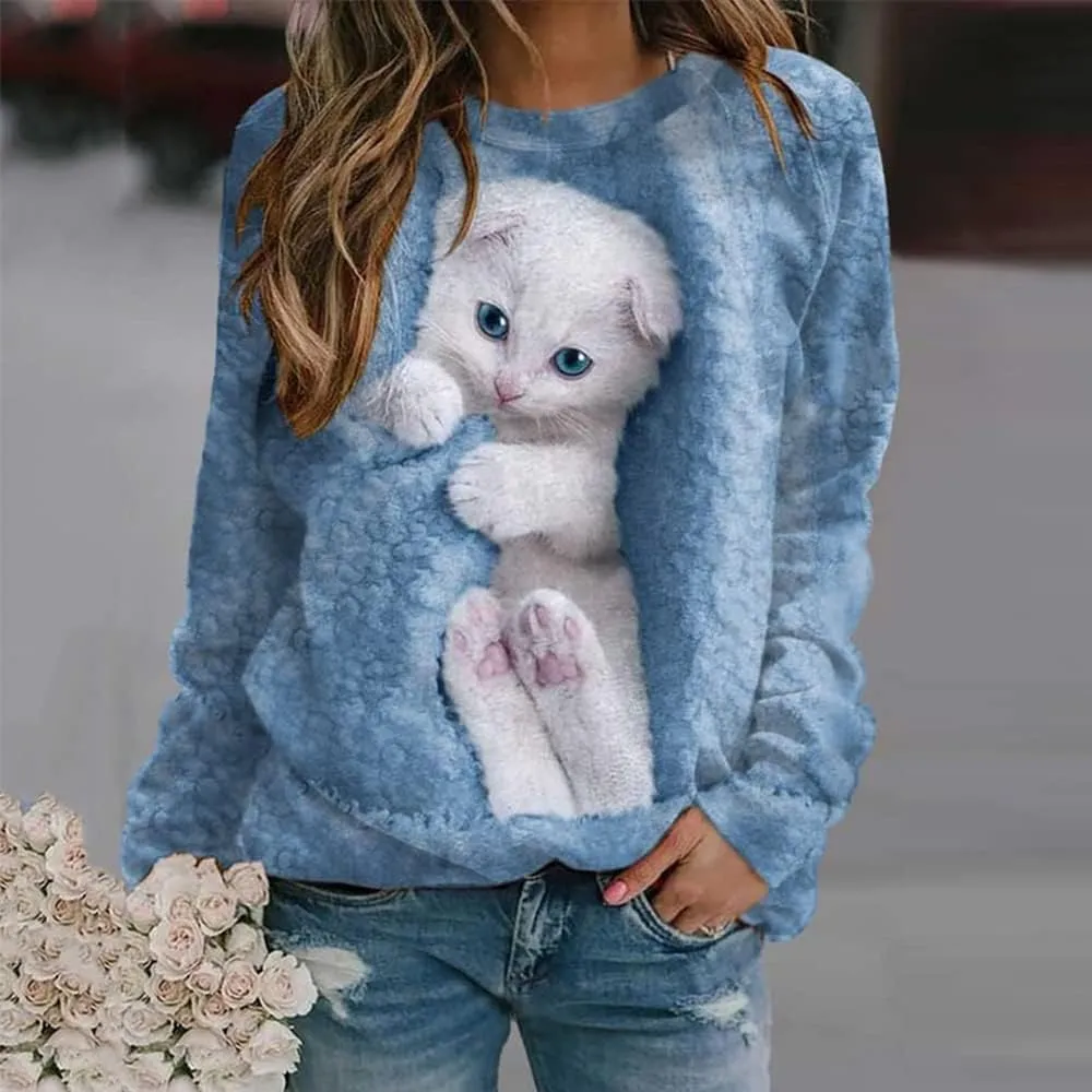 Womens Cute Cat Print Sweatshirts Long Sleeve Lightweight Crew Neck Shirts Casual Trendy Tops Spring