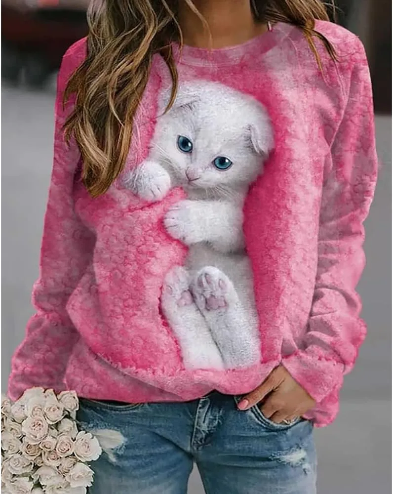 Womens Cute Cat Print Sweatshirts Long Sleeve Lightweight Crew Neck Shirts Casual Trendy Tops Spring