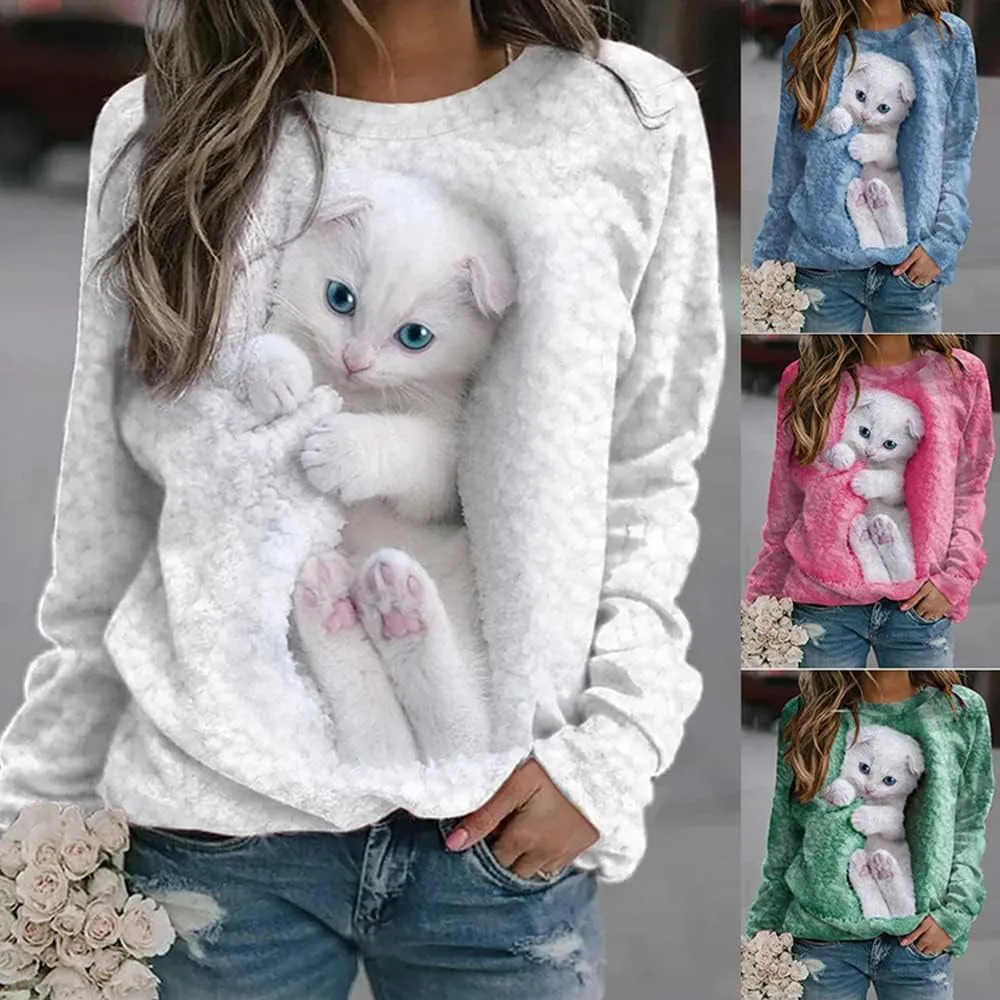 Womens Cute Cat Print Sweatshirts Long Sleeve Lightweight Crew Neck Shirts Casual Trendy Tops Spring
