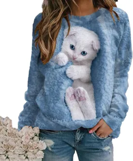 Womens Cute Cat Print Sweatshirts Long Sleeve Lightweight Crew Neck Shirts Casual Trendy Tops Spring