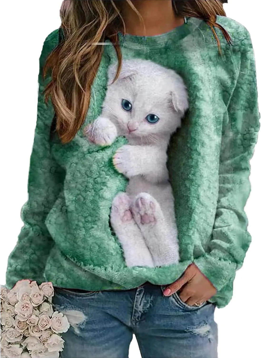 Womens Cute Cat Print Sweatshirts Long Sleeve Lightweight Crew Neck Shirts Casual Trendy Tops Spring