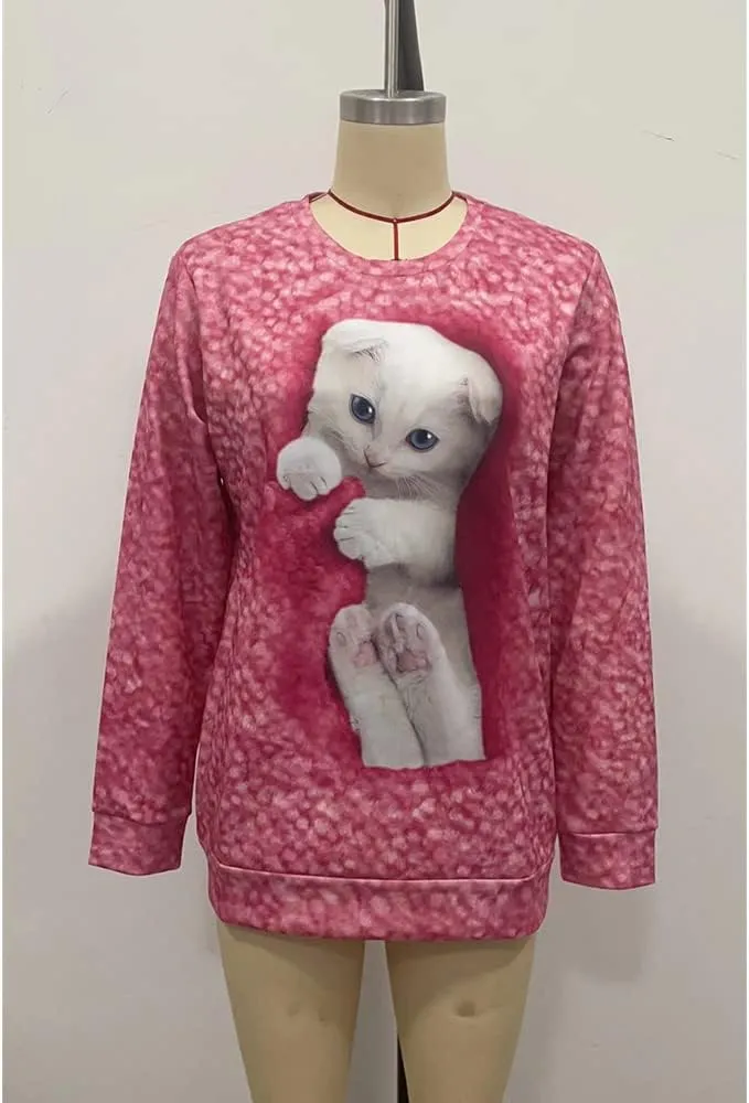 Womens Cute Cat Print Sweatshirts Long Sleeve Lightweight Crew Neck Shirts Casual Trendy Tops Spring