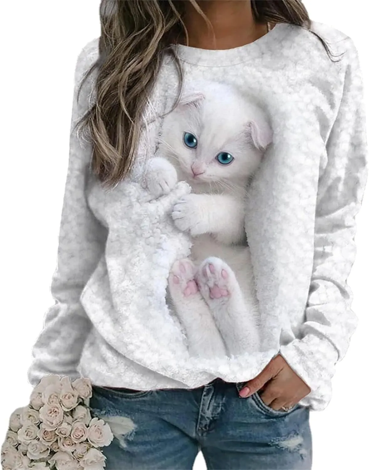 Womens Cute Cat Print Sweatshirts Long Sleeve Lightweight Crew Neck Shirts Casual Trendy Tops Spring