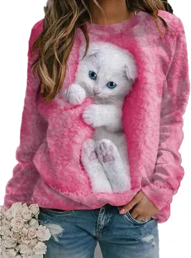 Womens Cute Cat Print Sweatshirts Long Sleeve Lightweight Crew Neck Shirts Casual Trendy Tops Spring