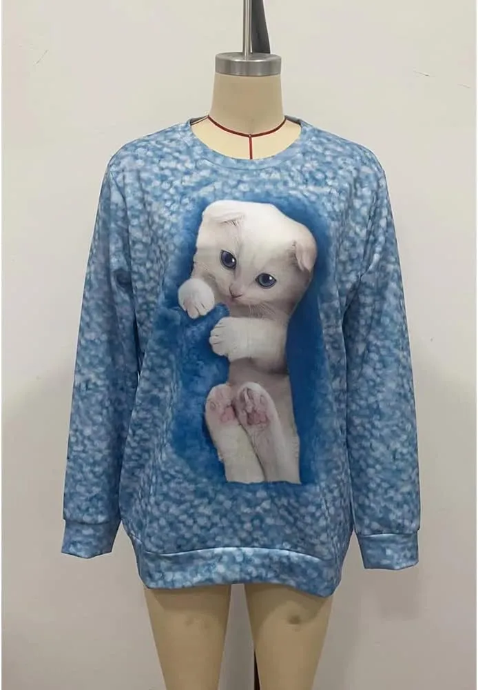 Womens Cute Cat Print Sweatshirts Long Sleeve Lightweight Crew Neck Shirts Casual Trendy Tops Spring