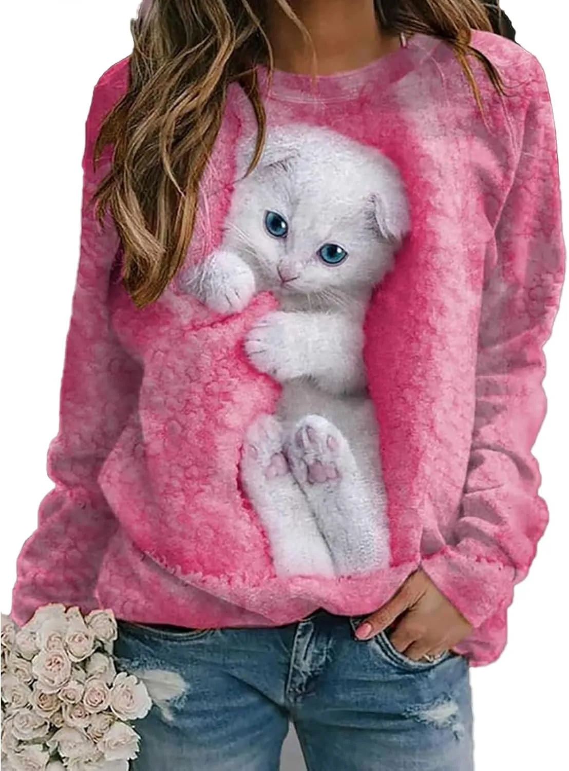 Womens Cute Cat Print Sweatshirts Long Sleeve Lightweight Crew Neck Shirts Casual Trendy Tops Spring