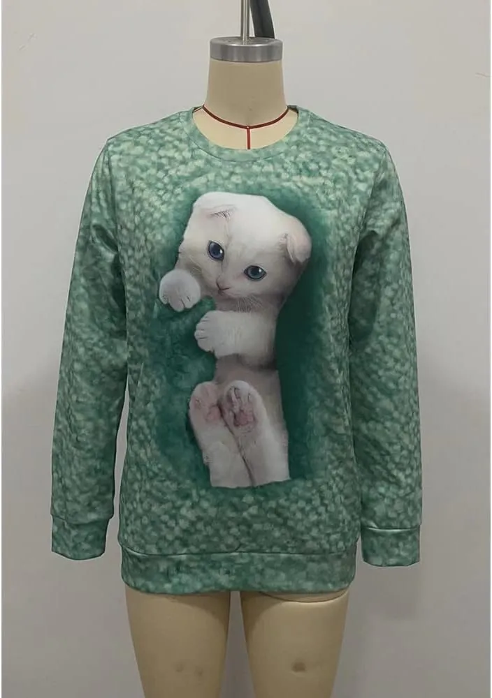 Womens Cute Cat Print Sweatshirts Long Sleeve Lightweight Crew Neck Shirts Casual Trendy Tops Spring