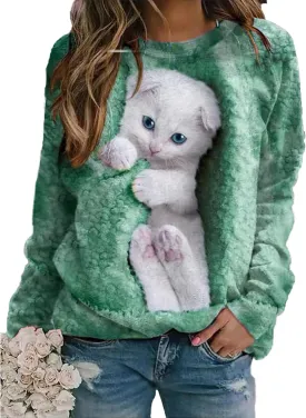 Womens Cute Cat Print Sweatshirts Long Sleeve Lightweight Crew Neck Shirts Casual Trendy Tops Spring