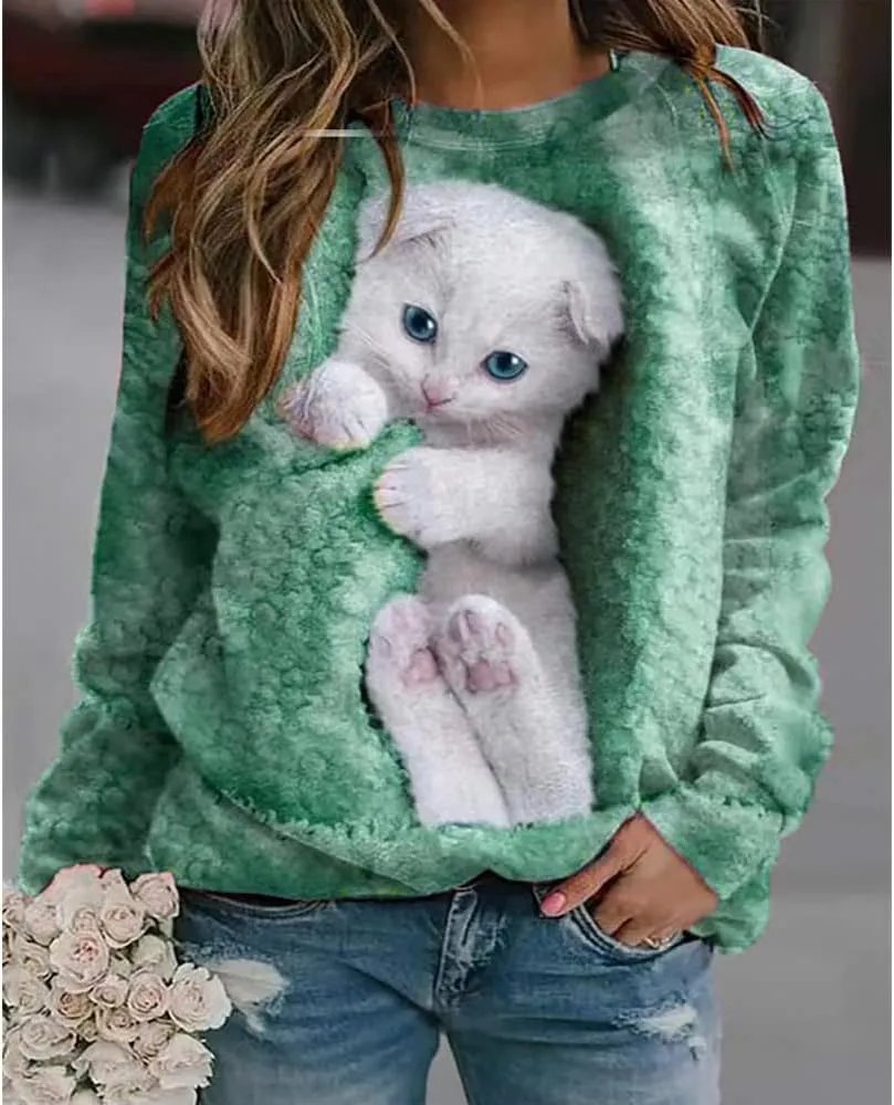 Womens Cute Cat Print Sweatshirts Long Sleeve Lightweight Crew Neck Shirts Casual Trendy Tops Spring
