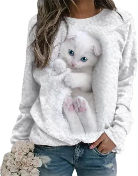 Womens Cute Cat Print Sweatshirts Long Sleeve Lightweight Crew Neck Shirts Casual Trendy Tops Spring