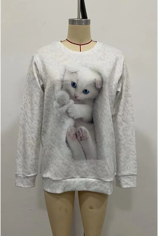 Womens Cute Cat Print Sweatshirts Long Sleeve Lightweight Crew Neck Shirts Casual Trendy Tops Spring
