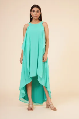 Women's Halter Neck Ruffle Drape Georgette Party/ Evening Dress in Sea Green