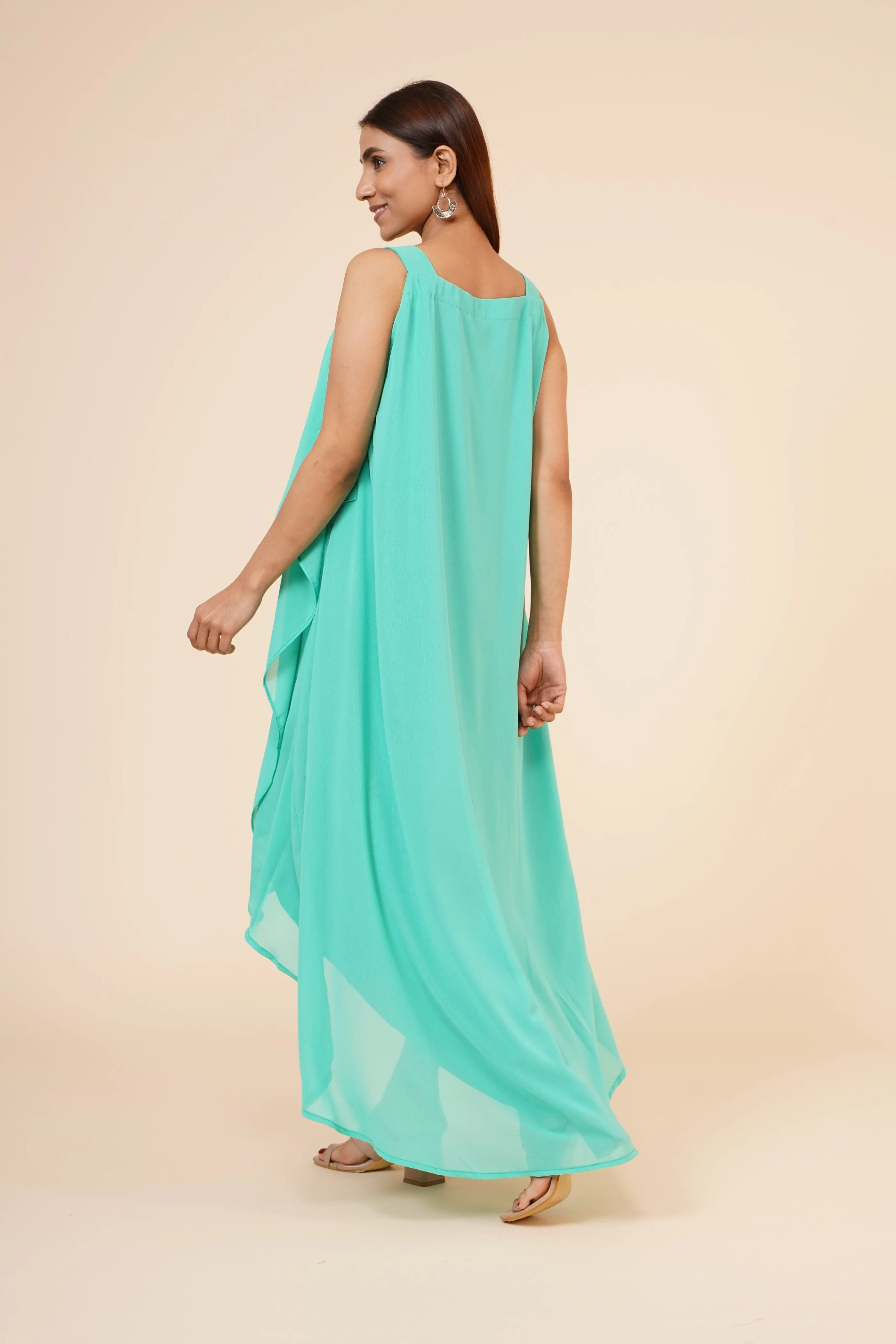 Women's Halter Neck Ruffle Drape Georgette Party/ Evening Dress in Sea Green
